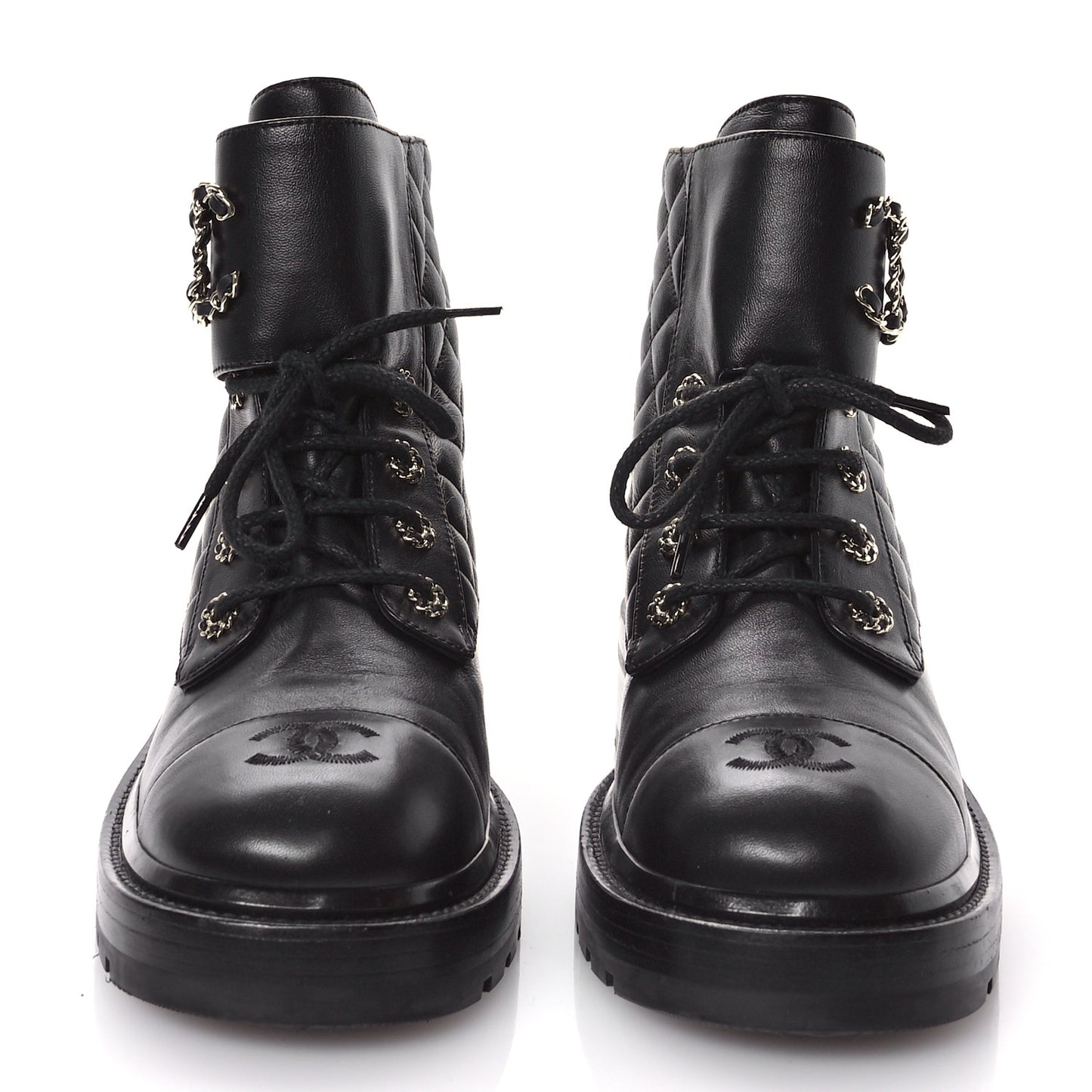 Shiny Lambskin Quilted Lace Up Combat Boots 41.5 Black
