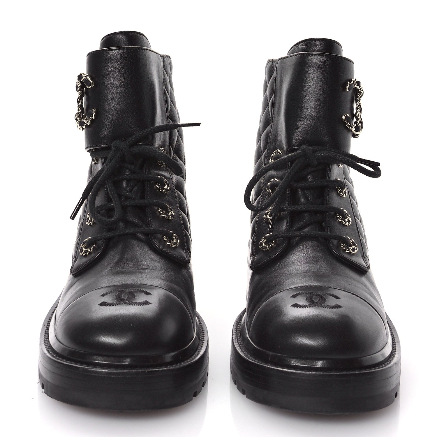 Chanel Shiny Lambskin Quilted Lace Up Combat Boots 41.5 Black 3 of 9