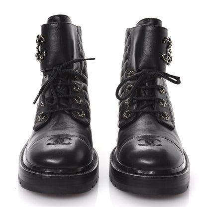 Chanel Shiny Lambskin Quilted Lace Up Combat Boots 41.5 Black 3 of 9