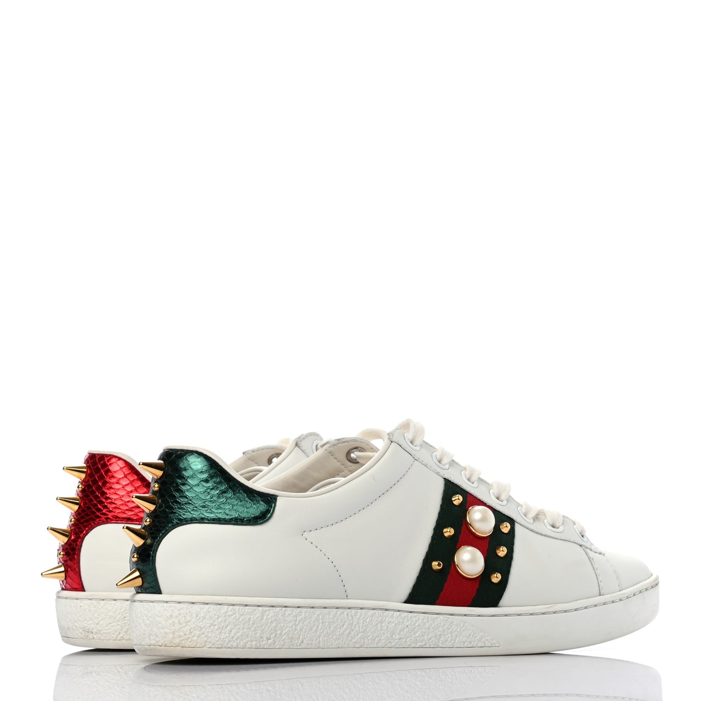 Calfskin Web Pearl Studded Womens Ace Sneakers 37.5 White