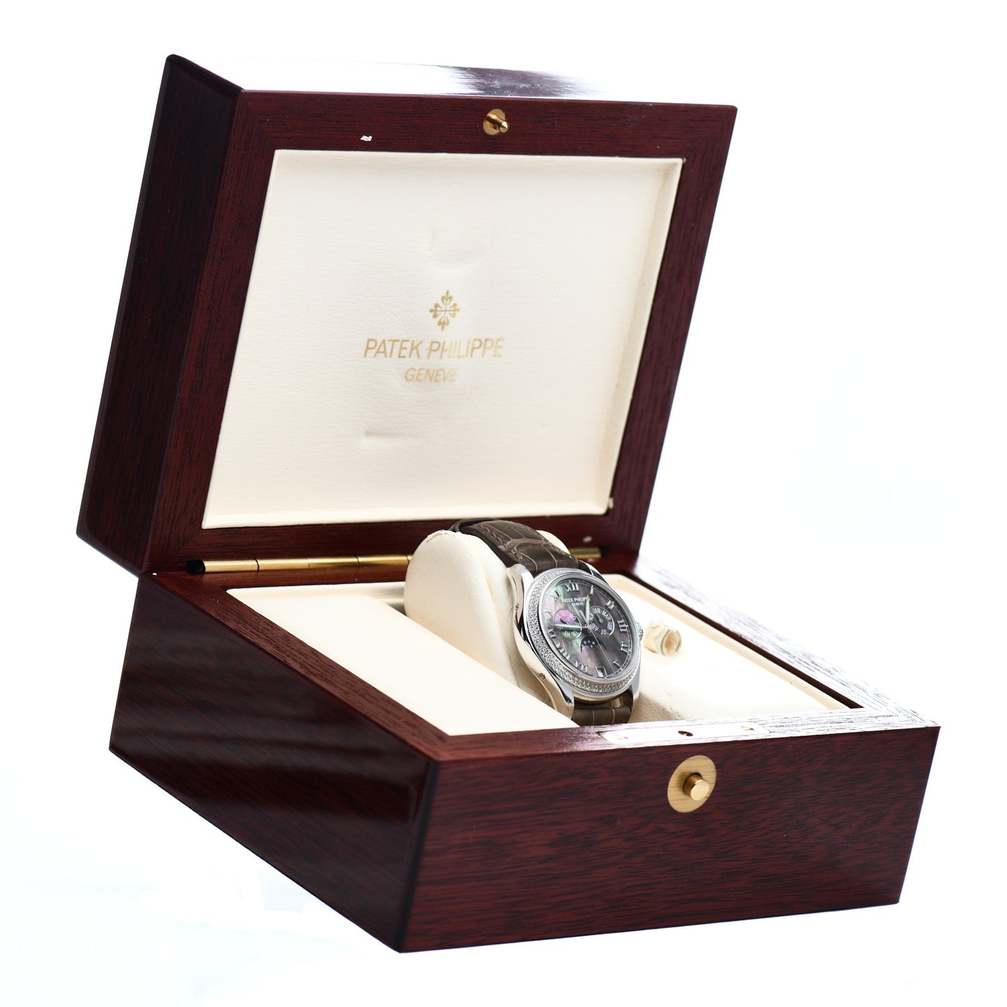 18K White Gold Alligator Diamond Black Mother of Pearl 37mm Annual Calendar Automatic Watch 4936-001