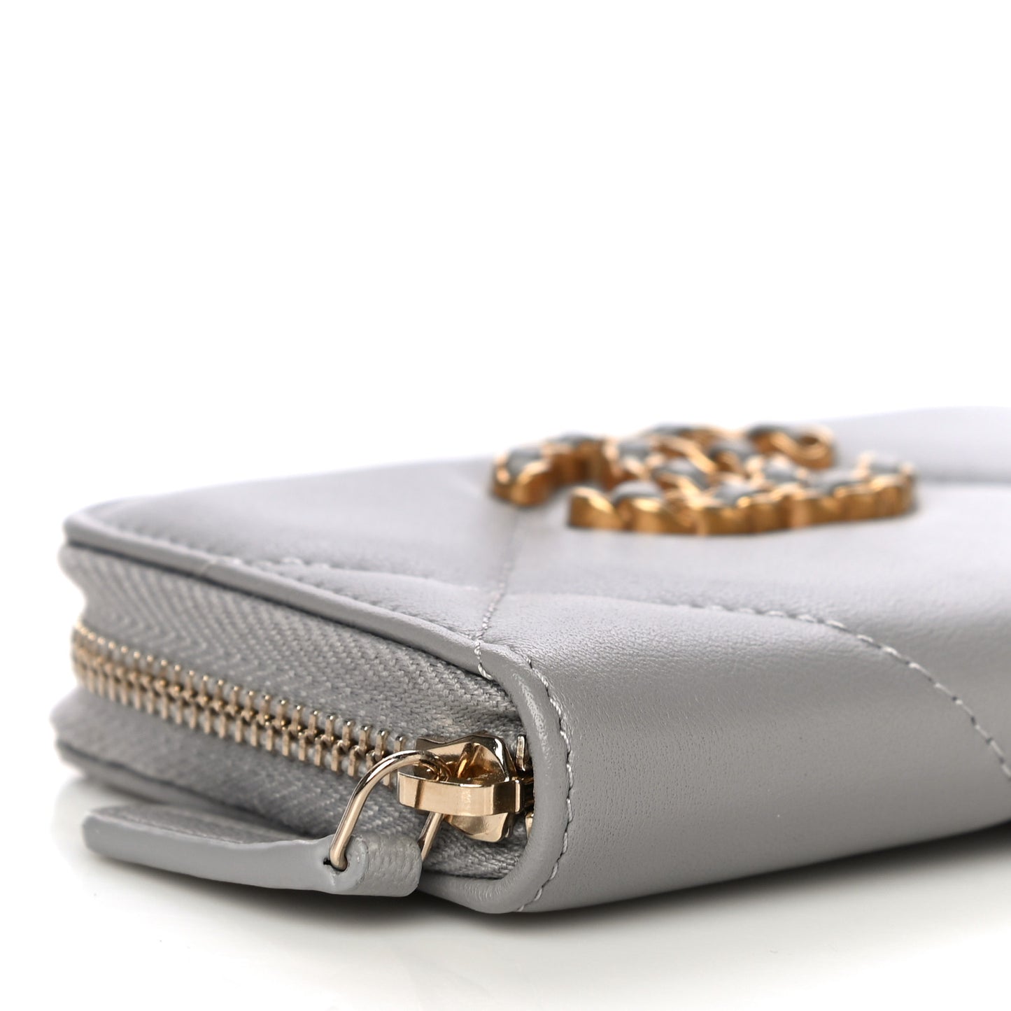 Lambskin Quilted Chanel 19 Zip Around Coin Purse Wallet Grey