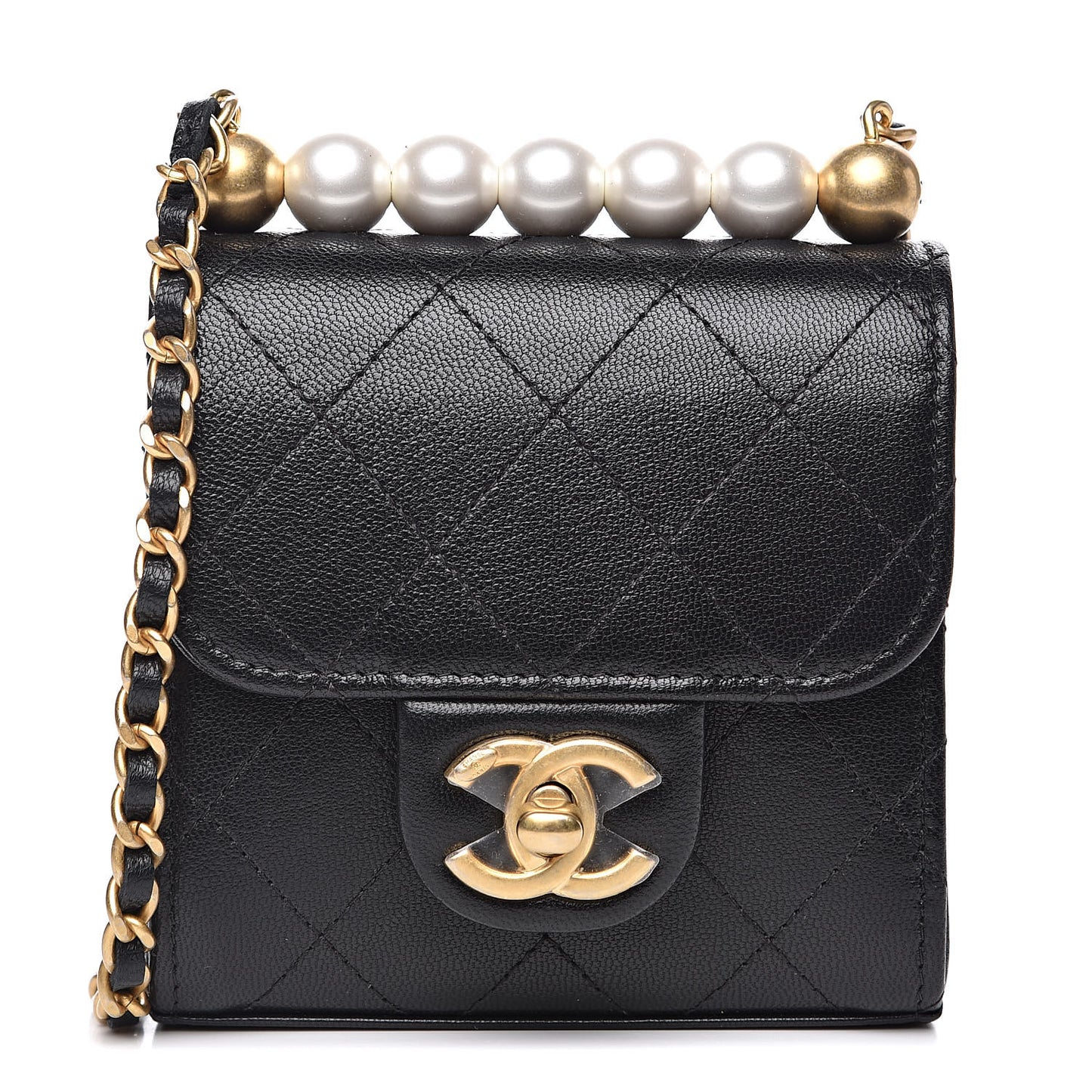 Goatskin Chic Pearls Clutch On Chain Black