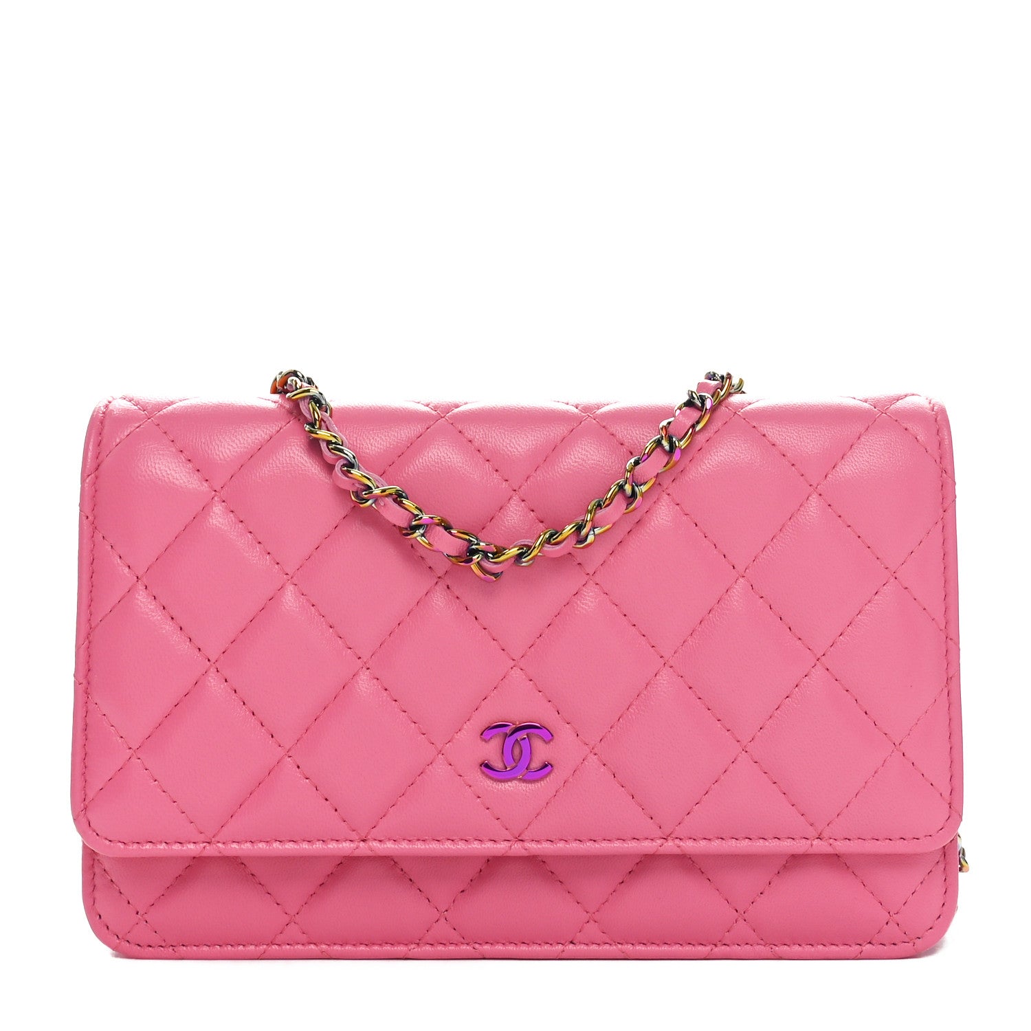 Chanel Lambskin Quilted Wallet On Chain WOC Pink Yellow 1 of 12