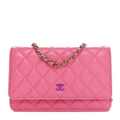 Chanel Lambskin Quilted Wallet On Chain WOC Pink Yellow 1 of 12