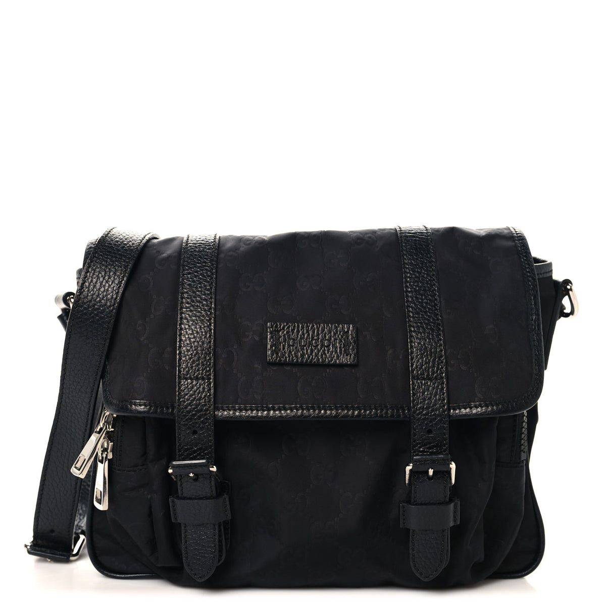 Nylon Monogram Double Buckle Flap Messenger Bag Black