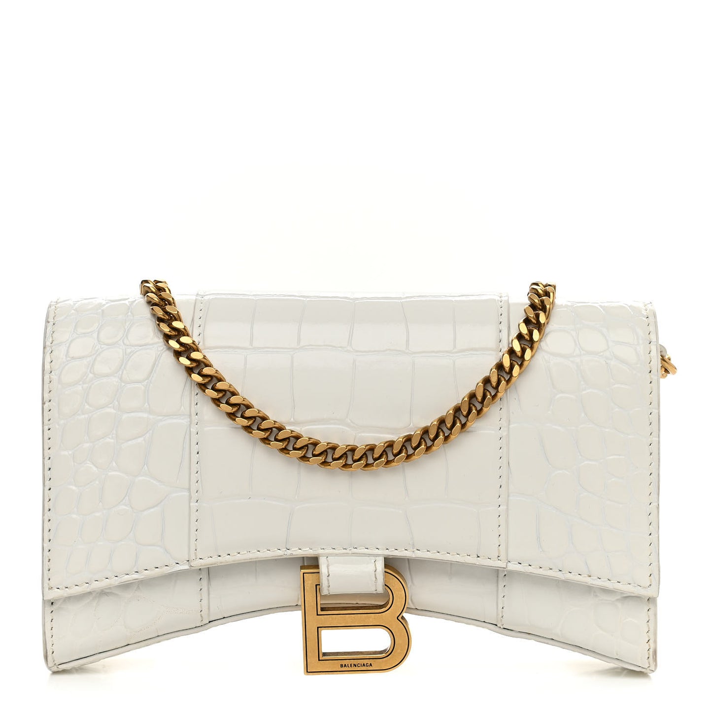 Shiny Calfskin Crocodile Embossed Hourglass Chain Bag White