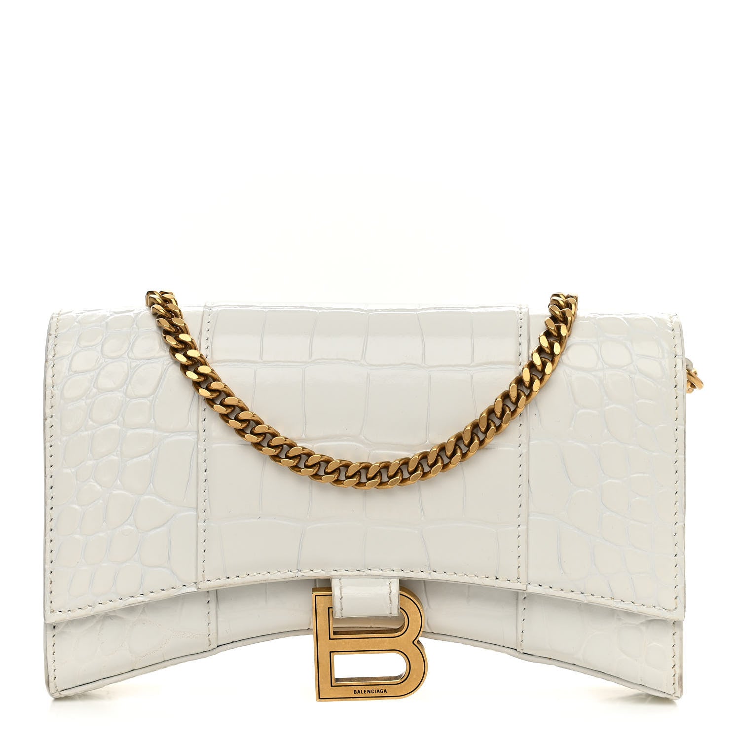 Balenciaga Shiny Calfskin Crocodile Embossed Hourglass Chain Bag White 1 of 15