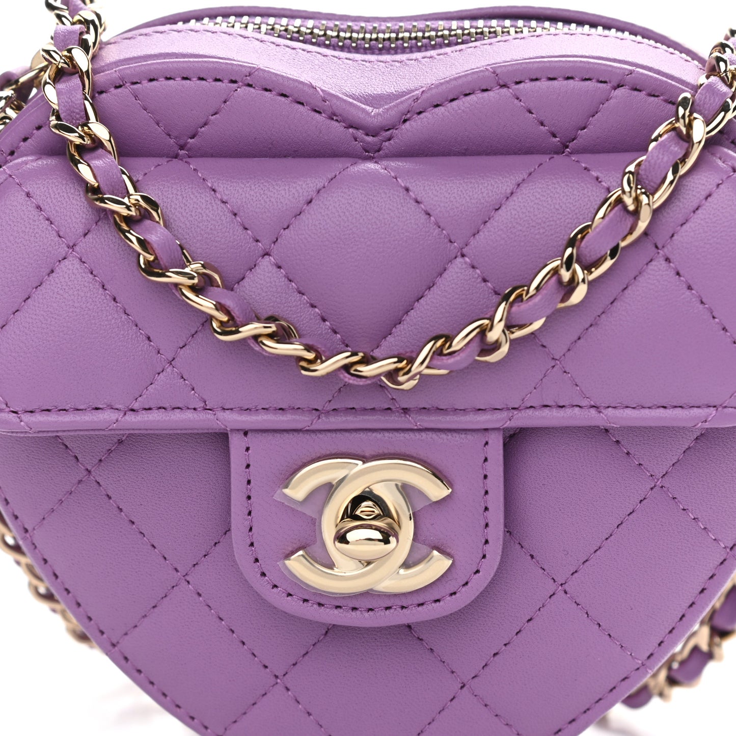 Lambskin Quilted CC In Love Heart Clutch With Chain Purple