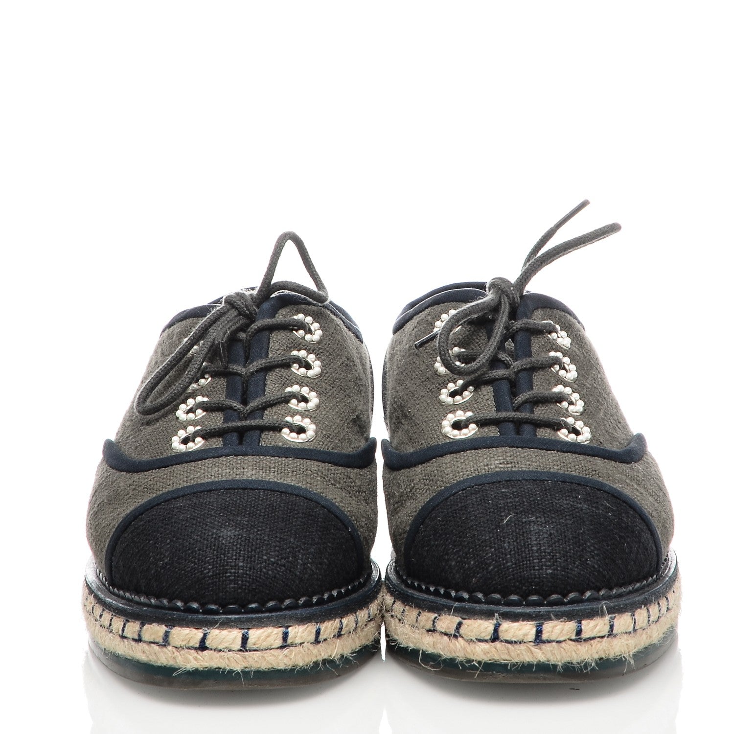 Chanel Cotton Lace Up Espadrilles 37 Dark Green Black 2 of 8