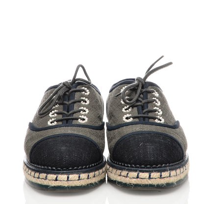 Chanel Cotton Lace Up Espadrilles 37 Dark Green Black 2 of 8