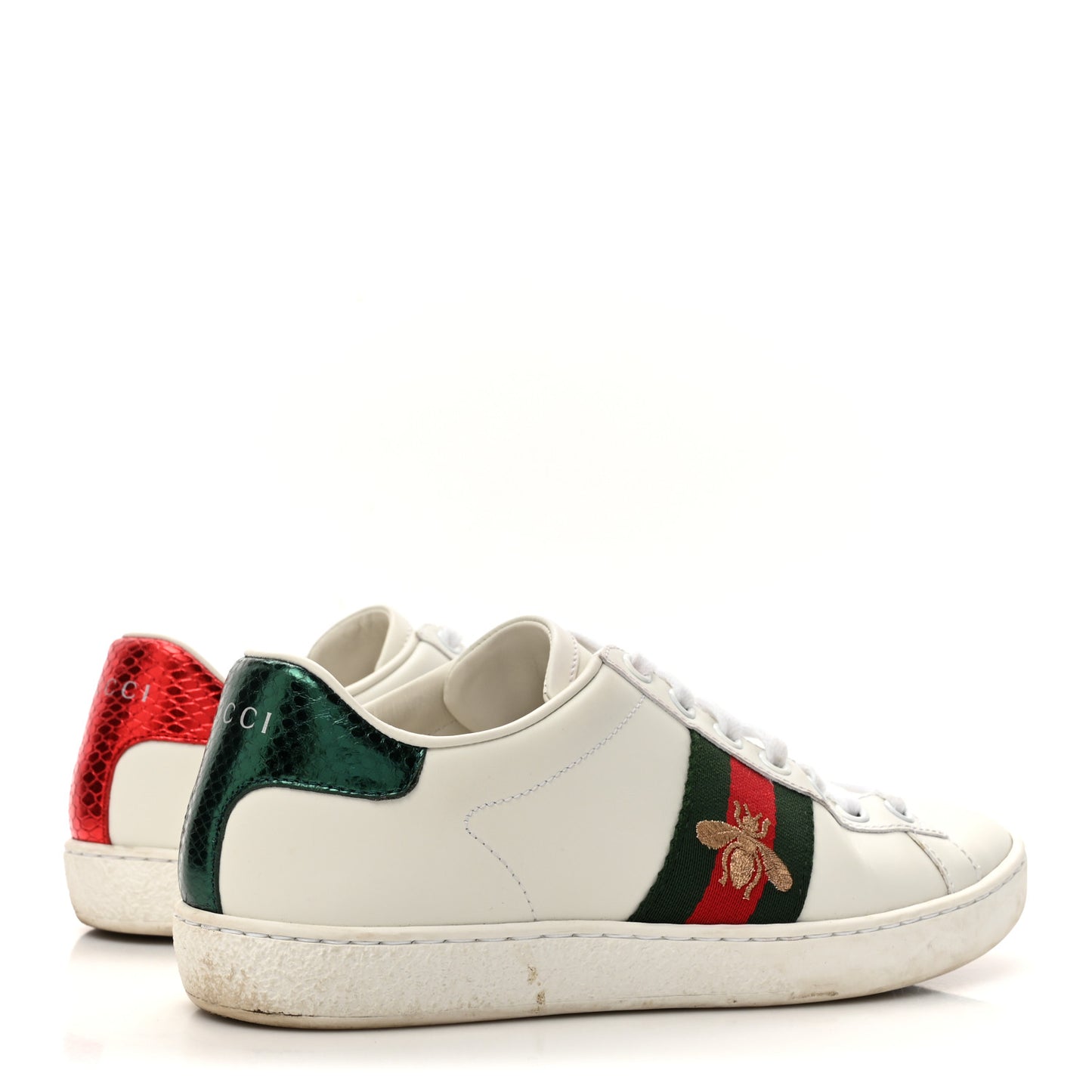 Calfskin Ayers Bee Embroidered Womens Ace Sneakers 36 White Green