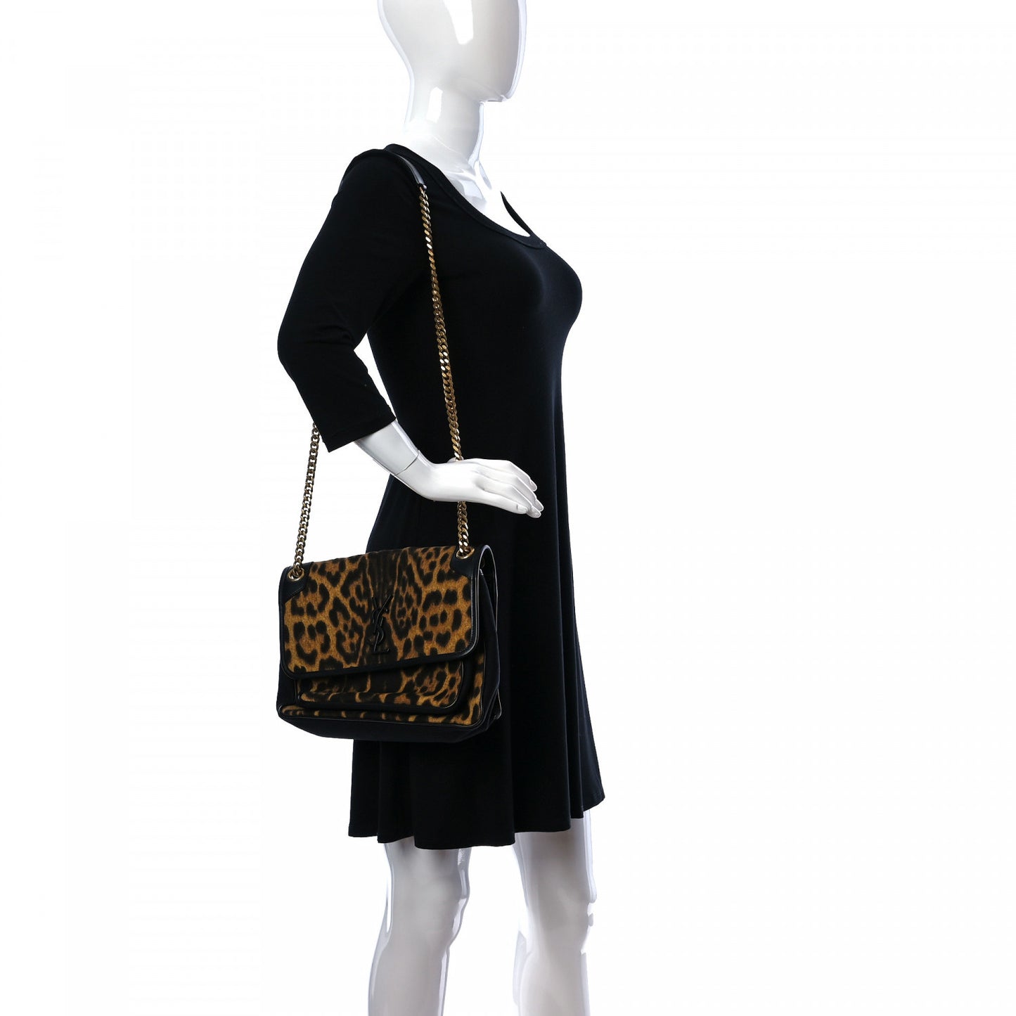 Smooth Calfskin Canvas Leopard Print Medium Niki Chain Satchel Light Natural