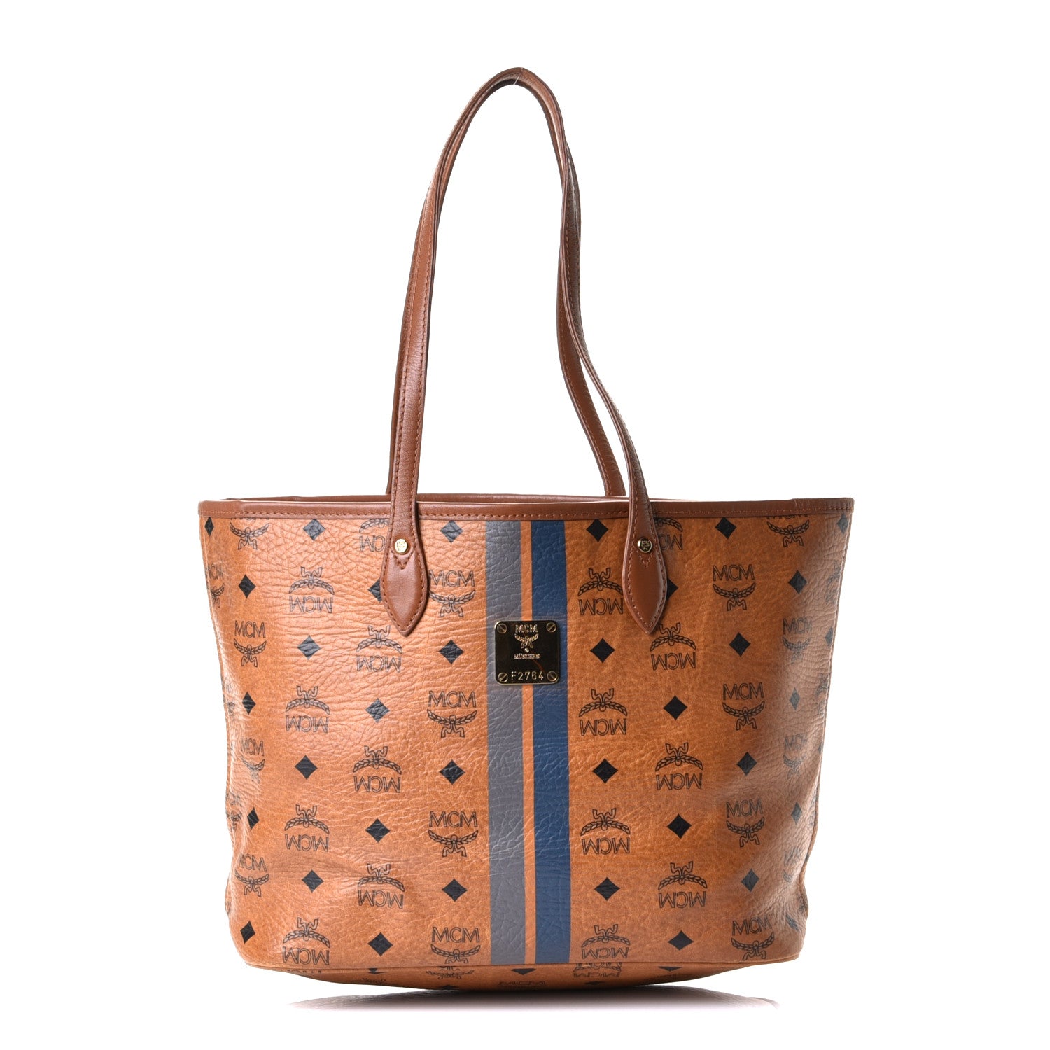 MCM Visetos Dog Bone Striped Shopper Tote Cognac 1 of 4
