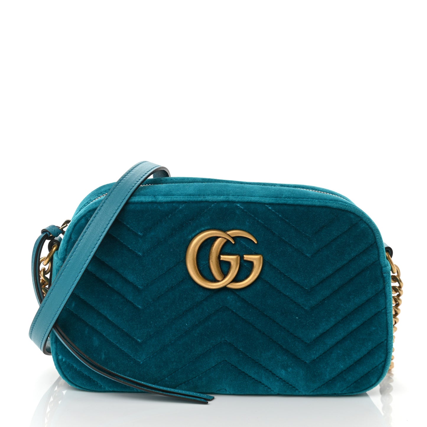 Velvet Matelasse Small GG Marmont Chain Shoulder Bag Pavone Cyan