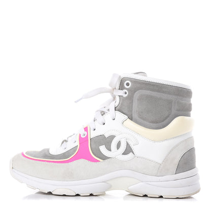 Chanel Suede Calfskin Lambskin Neoprene High Top CC Sneakers 37 White Grey Fluo Pink 1 of 11