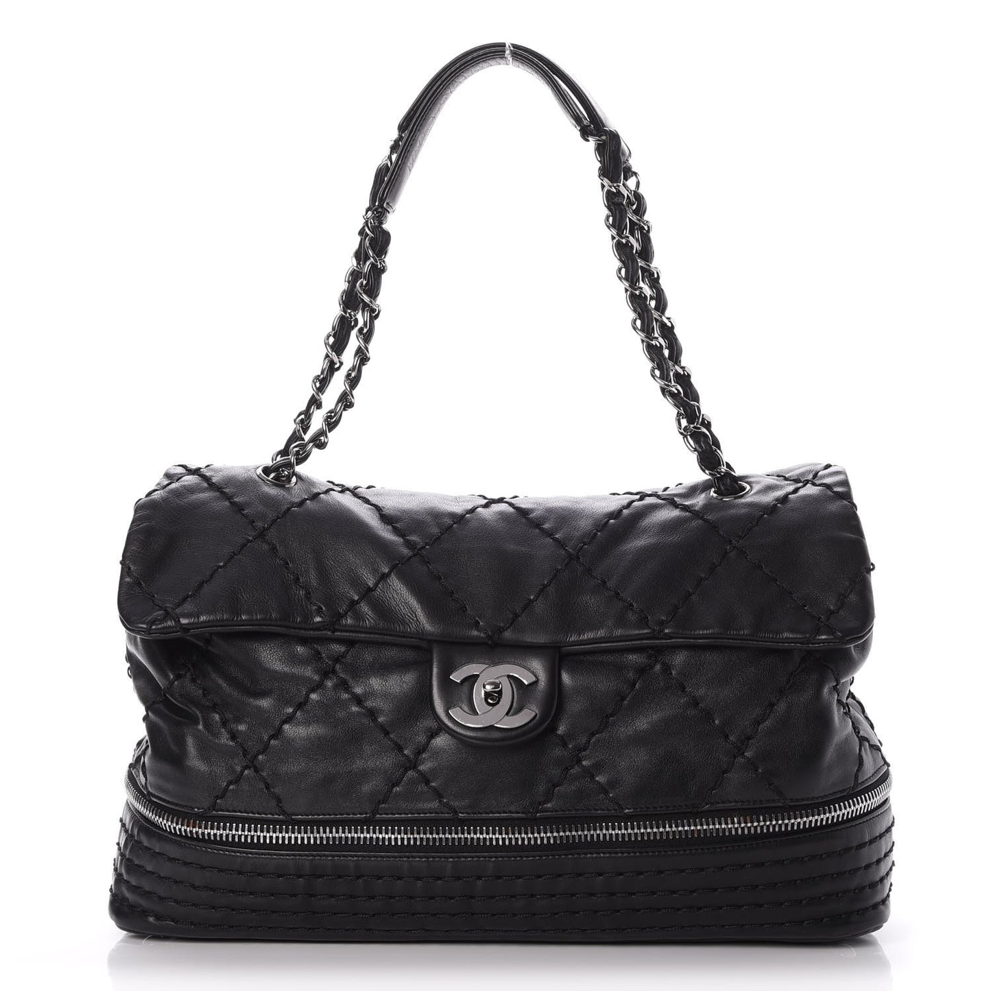 Calfskin Stitched Large Expandable Flap Bag Black