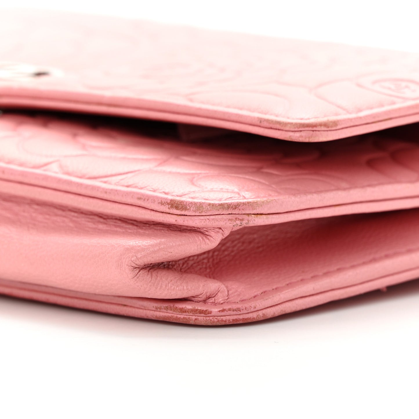 Lambskin Camellia Embossed Wallet On Chain WOC Pink