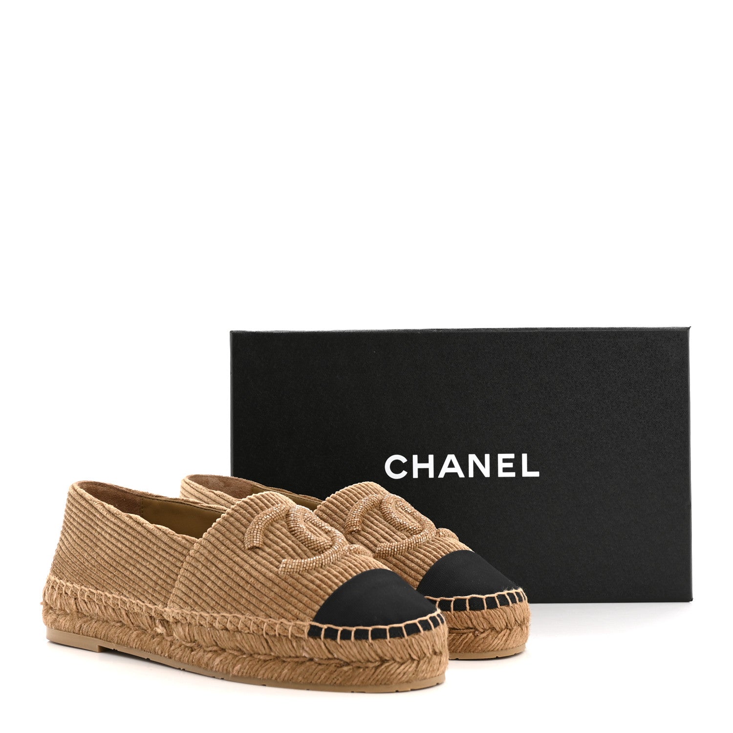 Chanel Corduroy Grosgrain Cap Toe CC Espadrille Flats 38 Dark Beige Black 10 of 10