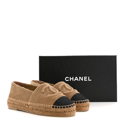Chanel Corduroy Grosgrain Cap Toe CC Espadrille Flats 38 Dark Beige Black 10 of 10