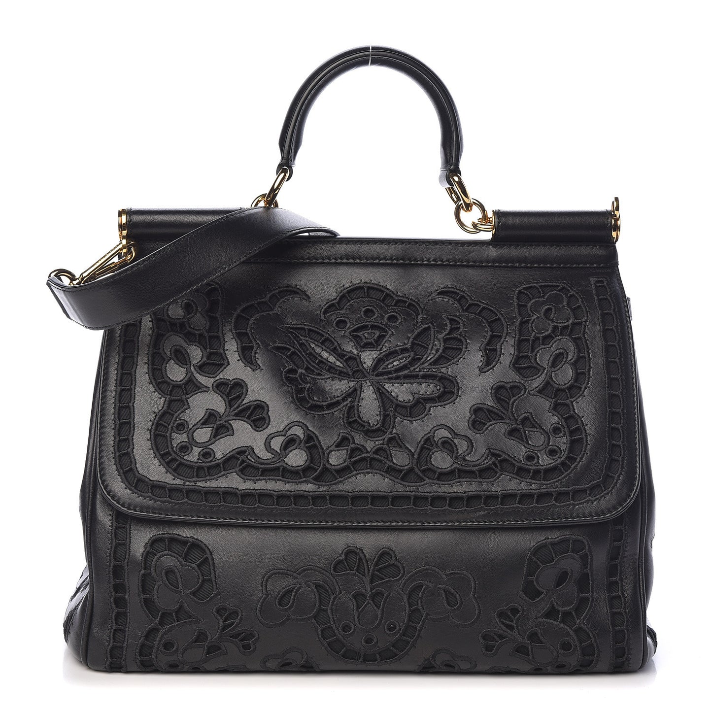 Lambskin Large Embroidered Laser Cut Miss Sicily Satchel Black