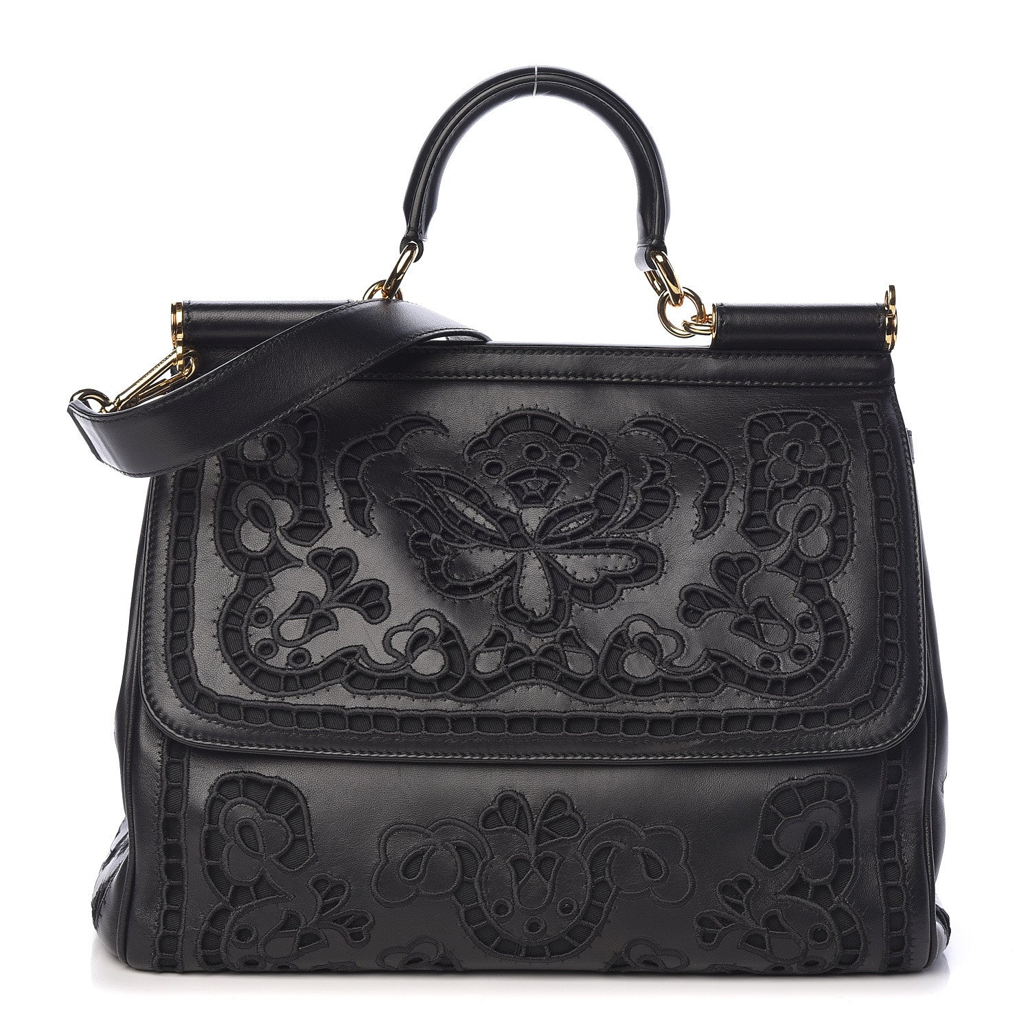 Dolce & Gabbana Lambskin Large Embroidered Laser Cut Miss Sicily Satchel Black 1 of 9