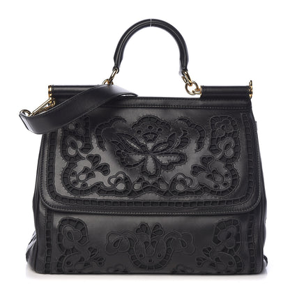 Dolce & Gabbana Lambskin Large Embroidered Laser Cut Miss Sicily Satchel Black 1 of 9