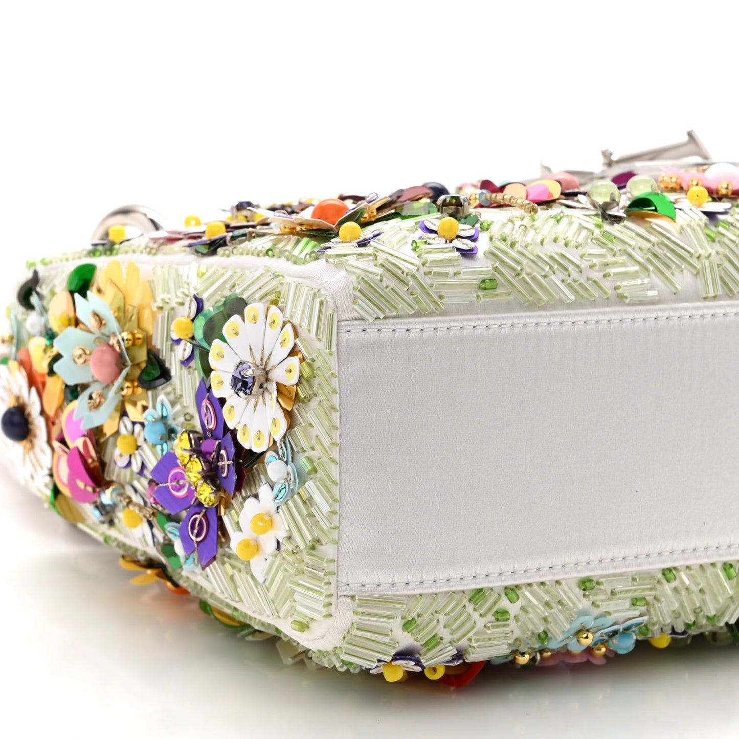 Satin Beaded Floral Embroidered Mini Lady Dior White Multicolor