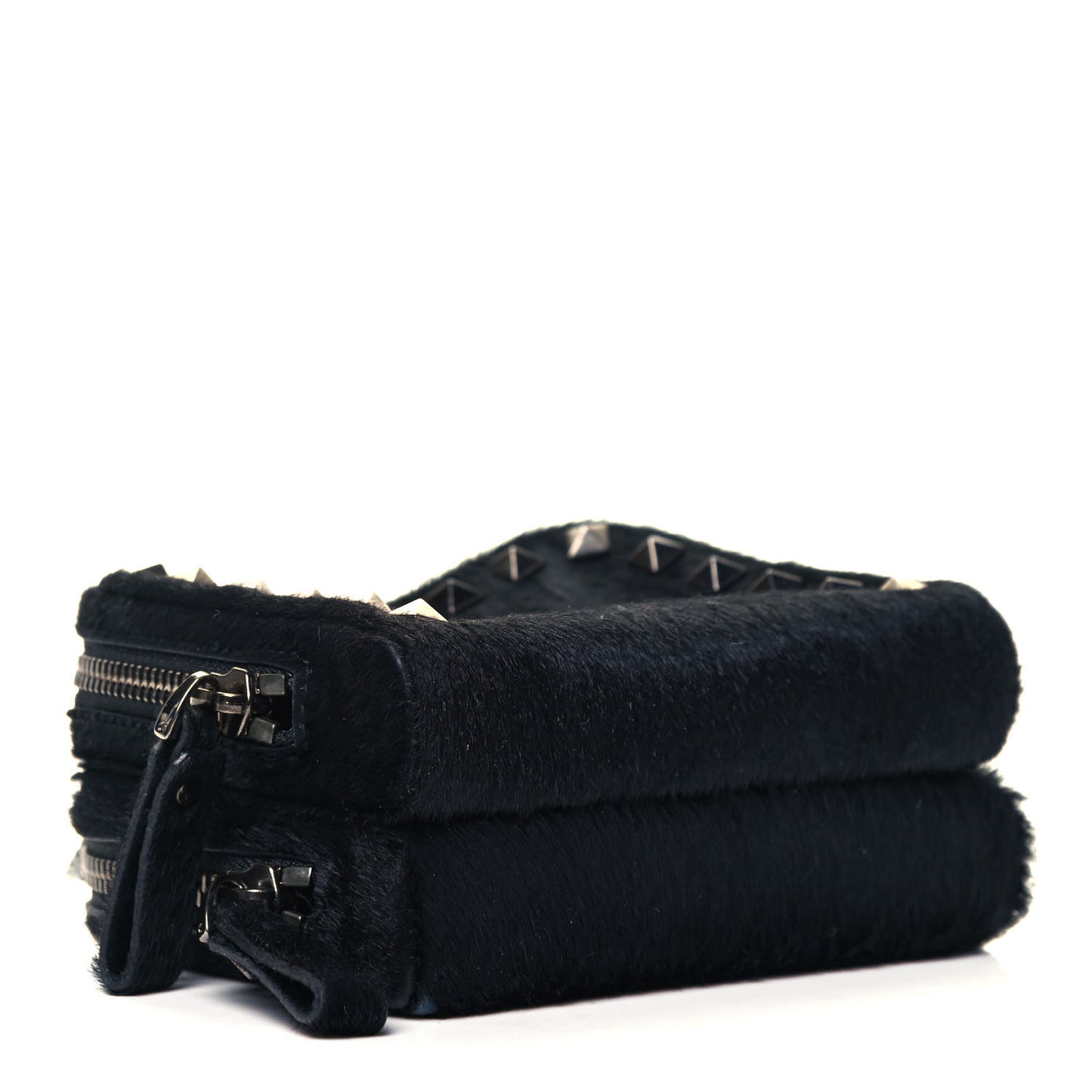 Pony Hair Rockstud Double Zip Crossbody Bag Black