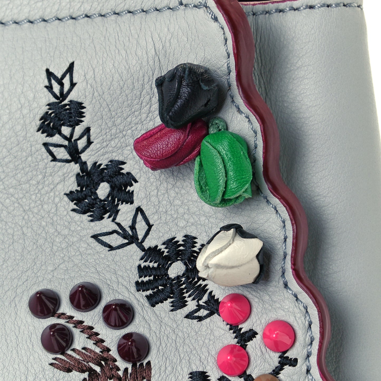 Vitello Seta Shiny Nappa Pearl Scalloped Studded Floral Embroidered Medium Peekaboo Iconic Satchel Grigio Perla Multicolor