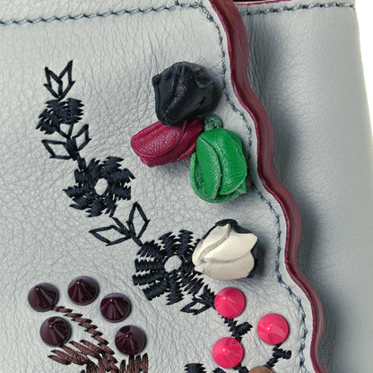 Fendi Vitello Seta Shiny Nappa Pearl Scalloped Studded Floral Embroidered Medium Peekaboo Iconic Satchel Grigio Perla Multicolor 17 of 18