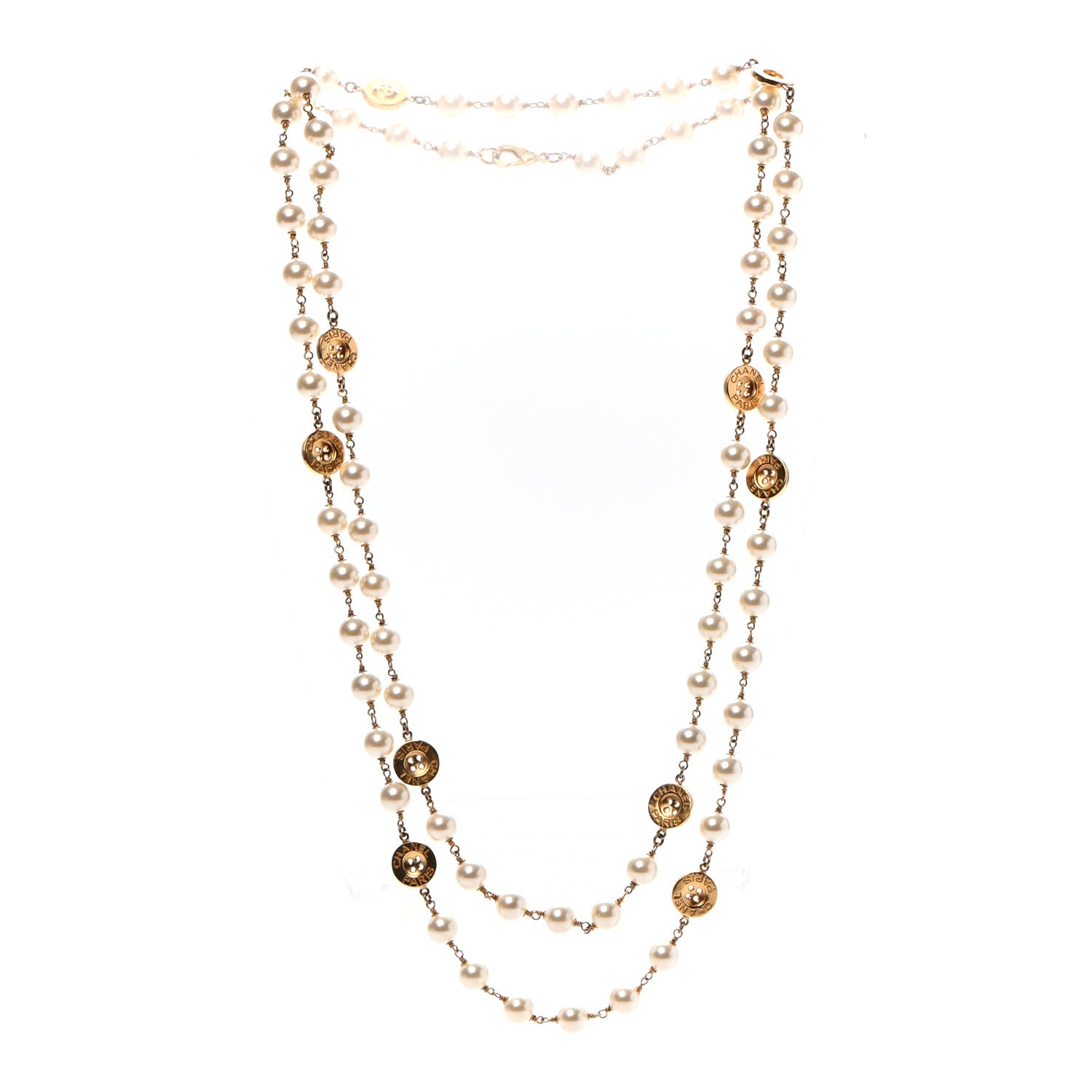 Chanel Metal Pearl Paris Button Necklace Gold 3 of 5