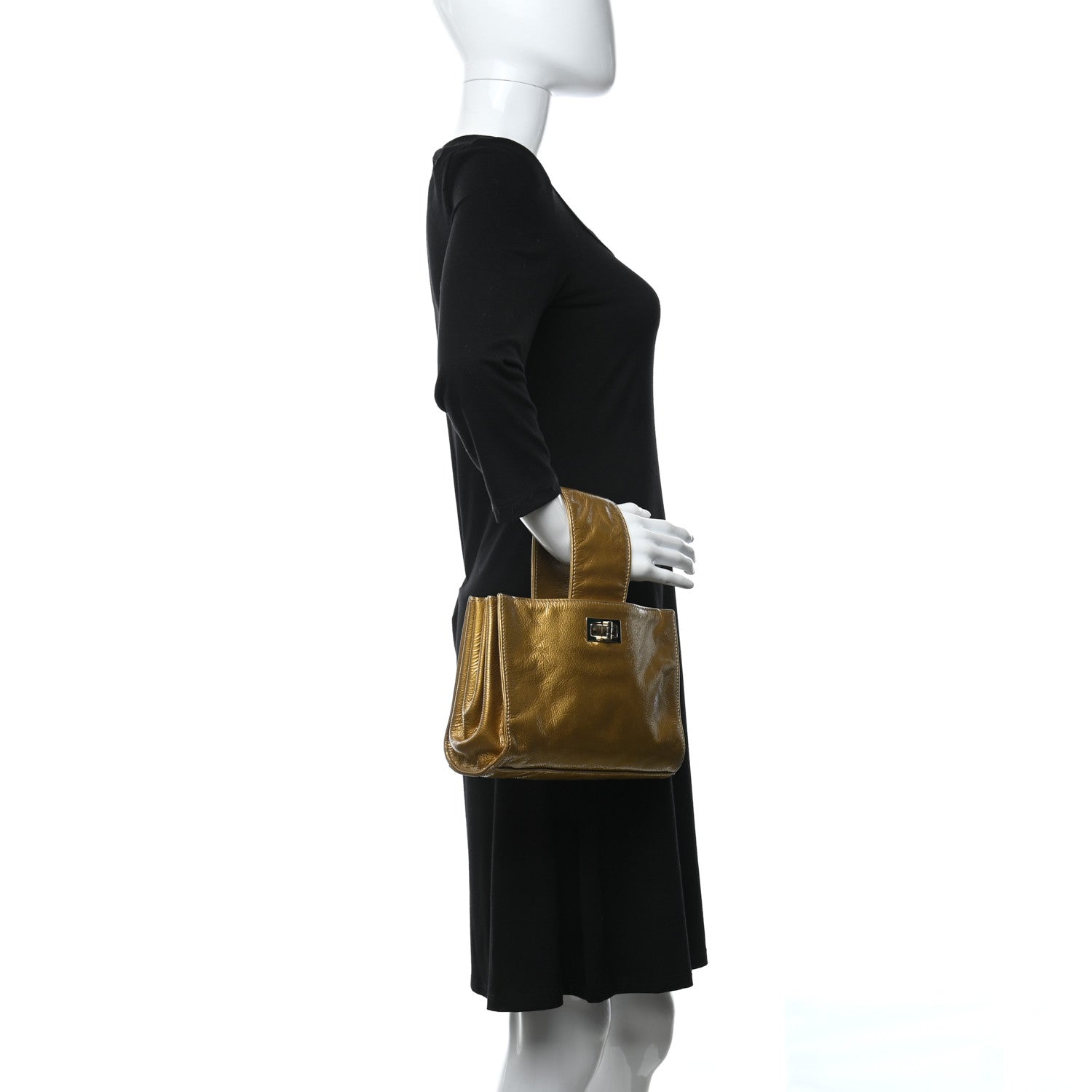 Chanel Metallic Patent Mademoiselle Lock Convertible Wrist Clutch Bag Gold 2 of 10