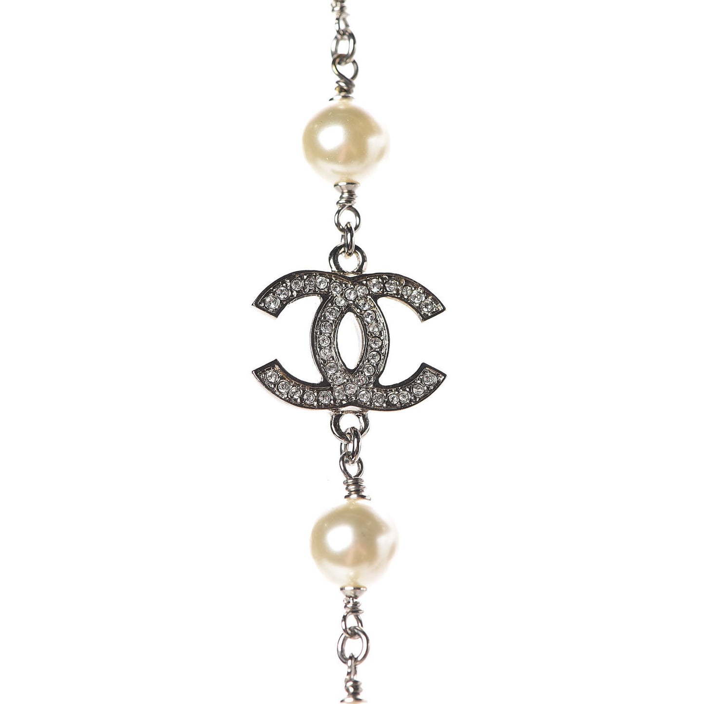 Crystal Pearl CC Long Necklace Silver