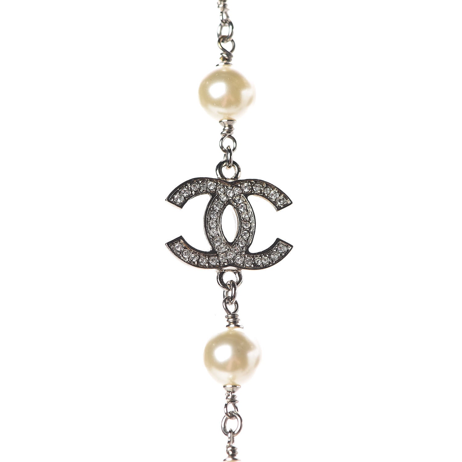 Chanel Crystal Pearl CC Long Necklace Silver 5 of 6