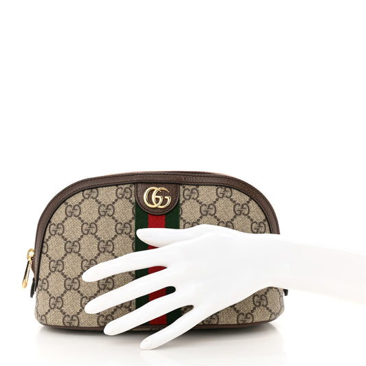 GG Supreme Monogram Textured Calfskin Web Large Ophidia Cosmetic Case Beige Ebony New Acero
