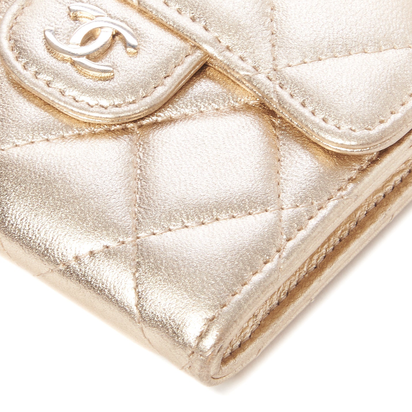 Metallic Lambskin Quilted Flap Card Holder Wallet Gold