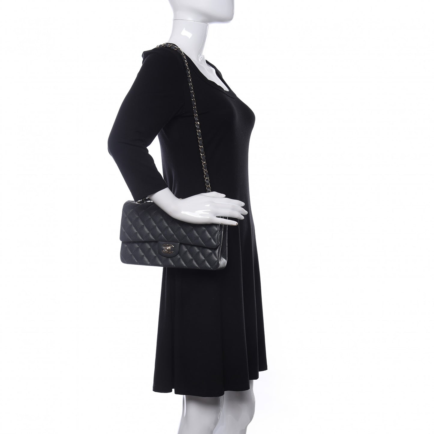 Caviar Quilted Medium Double Flap Dark Grey