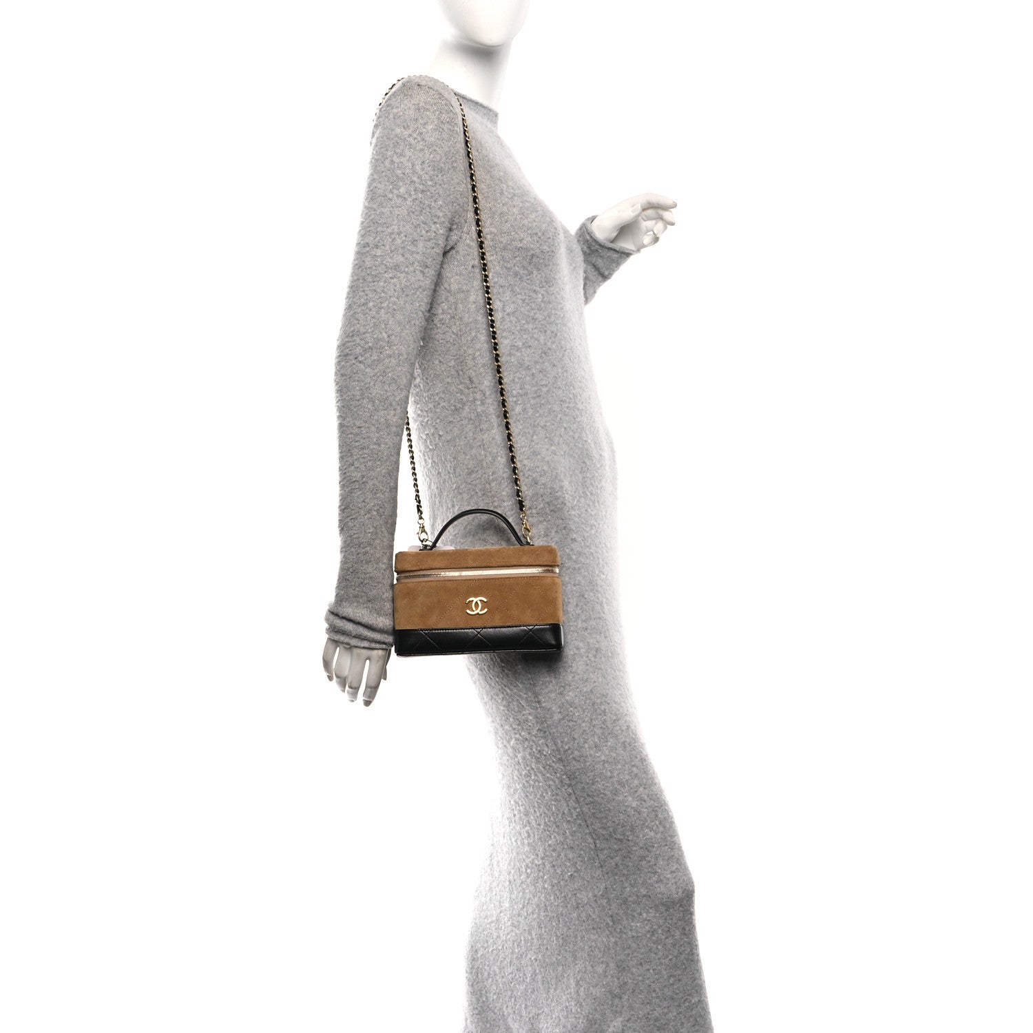 Chanel Suede Calfskin Shiny Lambskin Stitched Top Handle Slim Vanity With Chain Beige Black 2 of 11