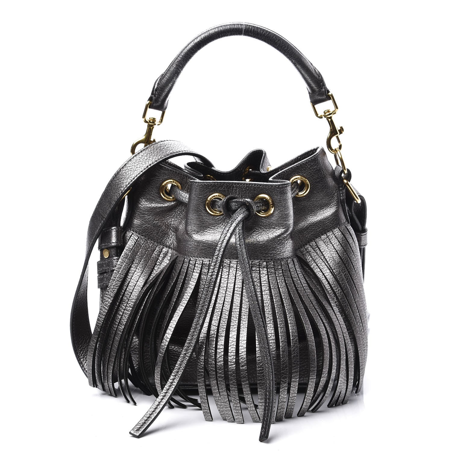 Saint Laurent Metallic Goatskin Small Emmanuelle Fringe Bucket Bag Pewter 1 of 13