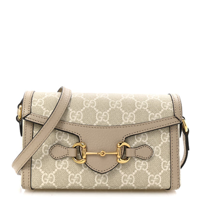 Gucci GG Supreme Monogram Textured Dollar Calfskin Mini Horsebit 1955 Shoulder Bag Beige Mystic White Oatmeal 1 of 13