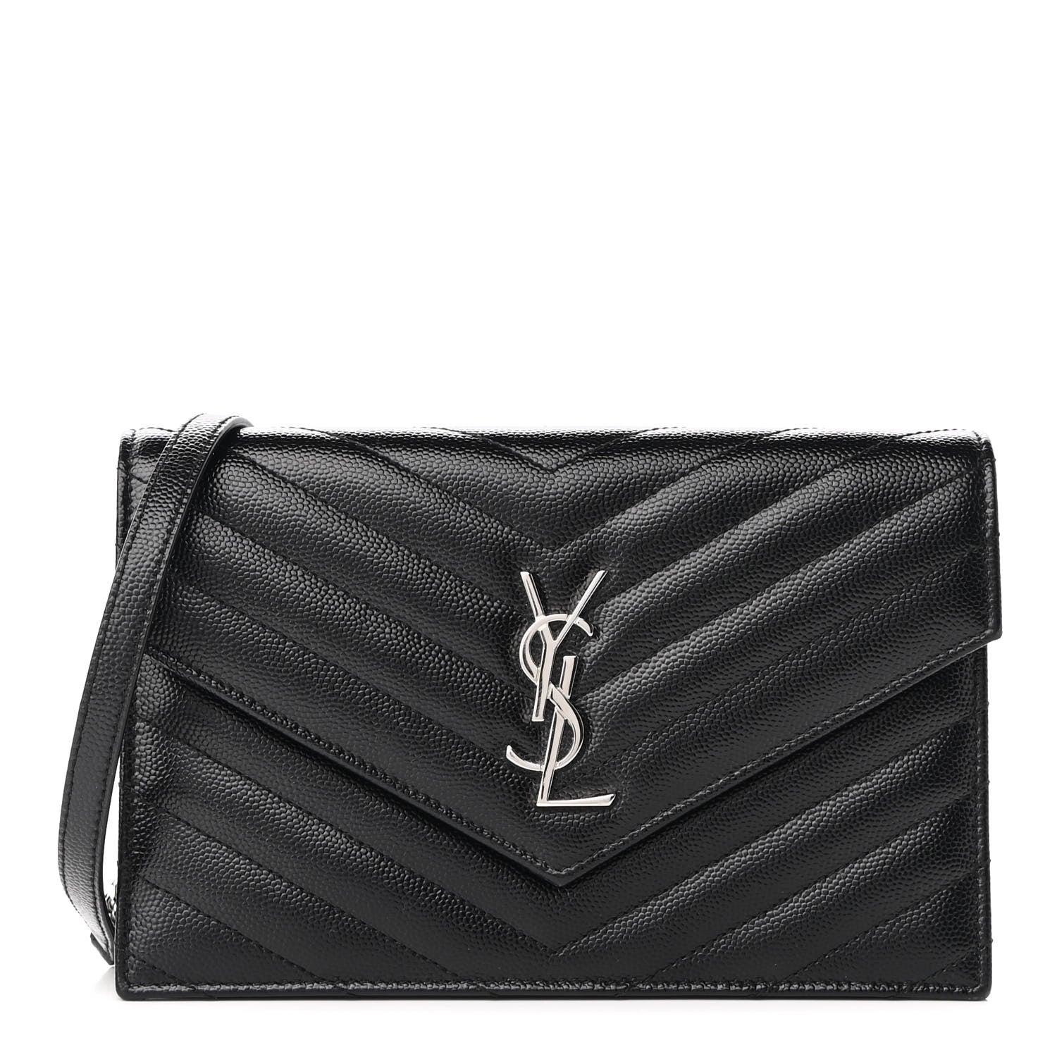 Saint Laurent Grain De Poudre Matelasse Chevron Monogram Envelope Chain Wallet Black 1 of 8