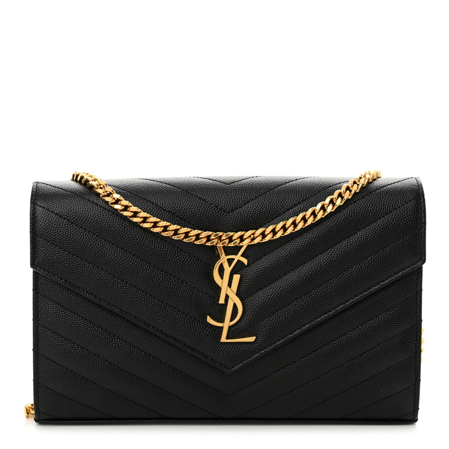 Saint Laurent Grain De Poudre Matelasse Chevron Monogram Chain Wallet Black 1 of 11