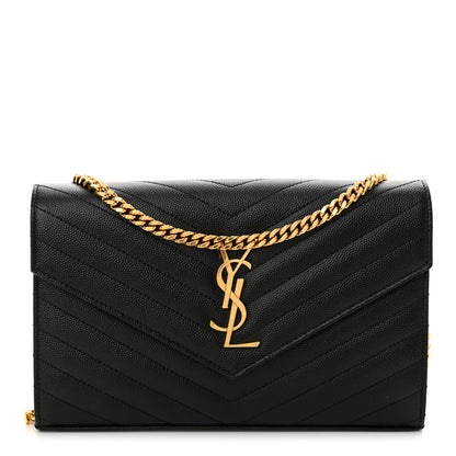 Saint Laurent Grain De Poudre Matelasse Chevron Monogram Chain Wallet Black 1 of 11