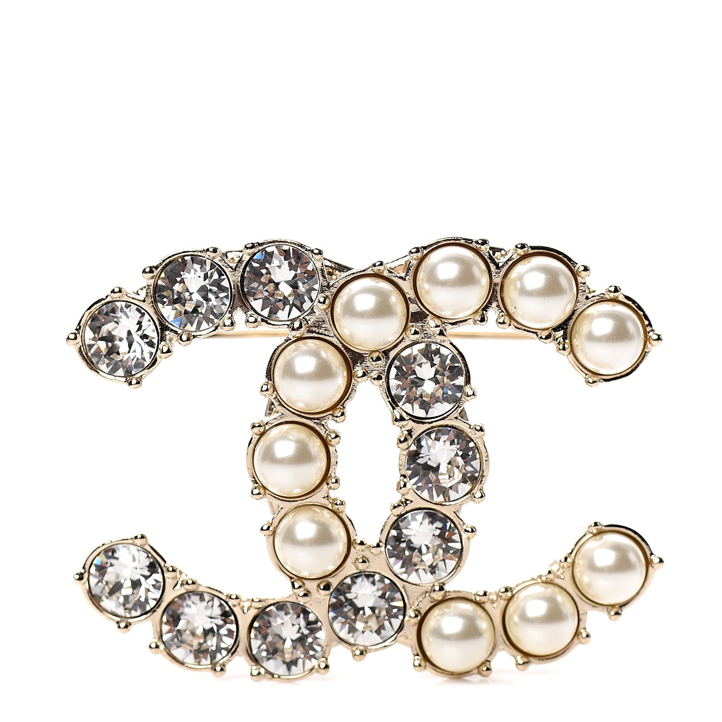 Pearl Crystal CC Brooch Gold