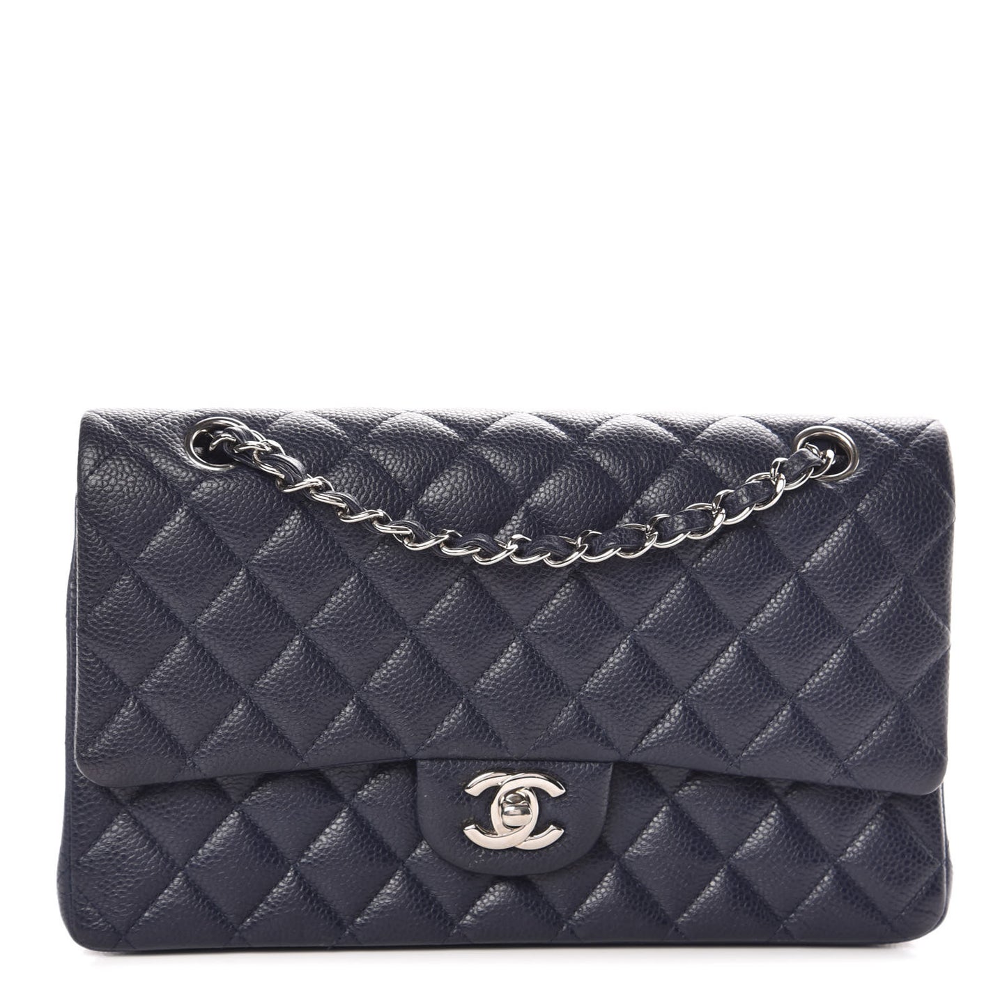 Caviar Quilted Medium Double Flap Dark Blue