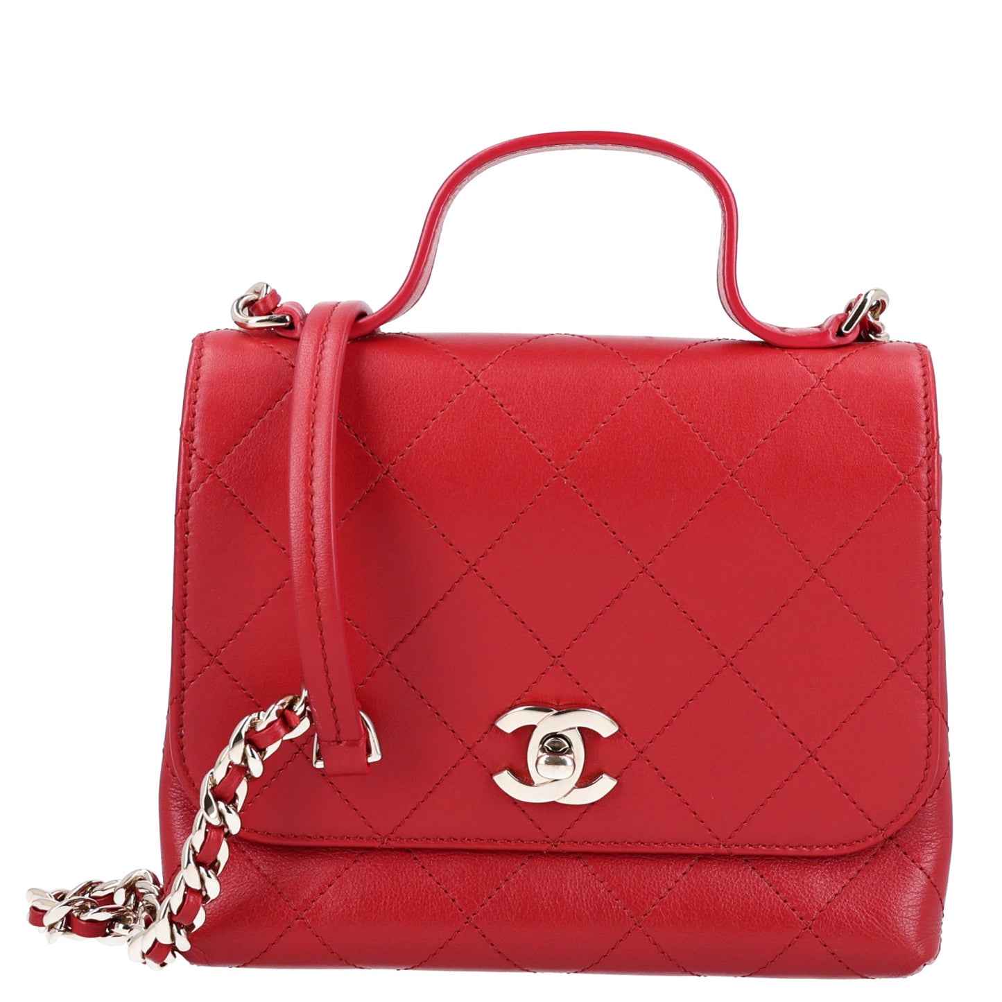 Calfskin Quilted Small Double Pocket Top Handle Flap Red
