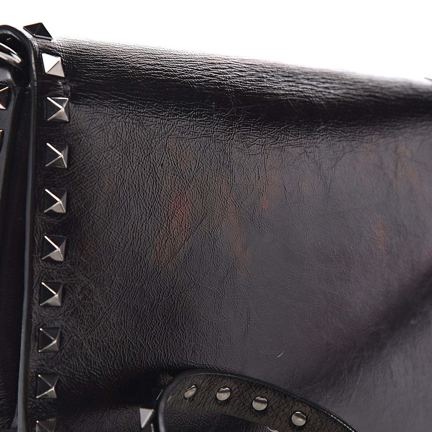Craquele Calfskin Rockstud Shoulder Flap Messenger Bag Black