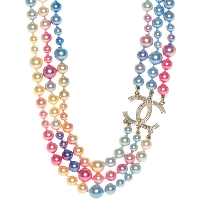 Chanel Pearl CC Multi Strand Necklace Gold Pink Fuchsia Blue 1 of 4