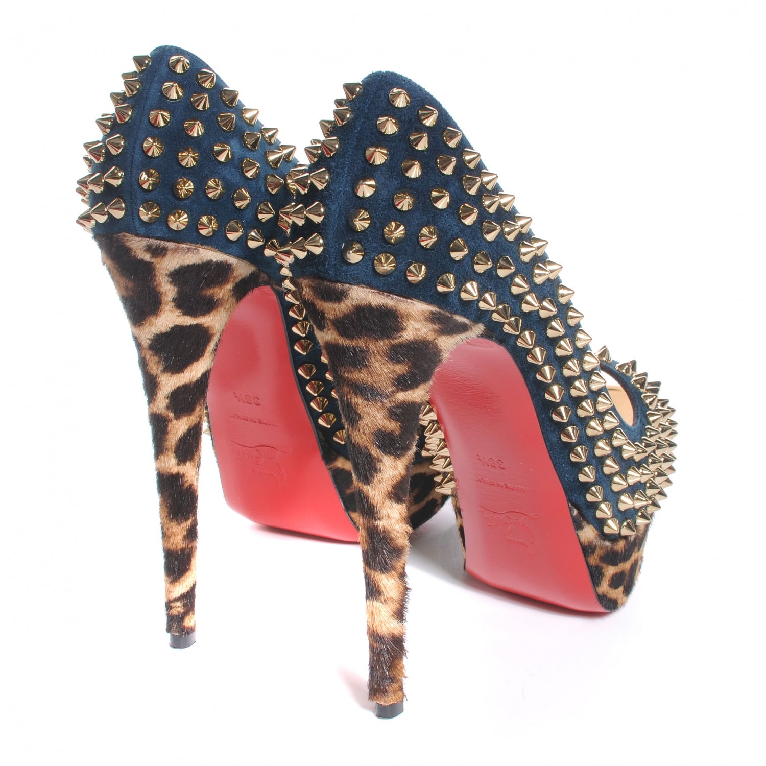Christian Louboutin Veau Velours Calf Hair Leopard Lady Peep Spikes VIP 150 Pumps 38.5 Blue Khol Bronze 5 of 10